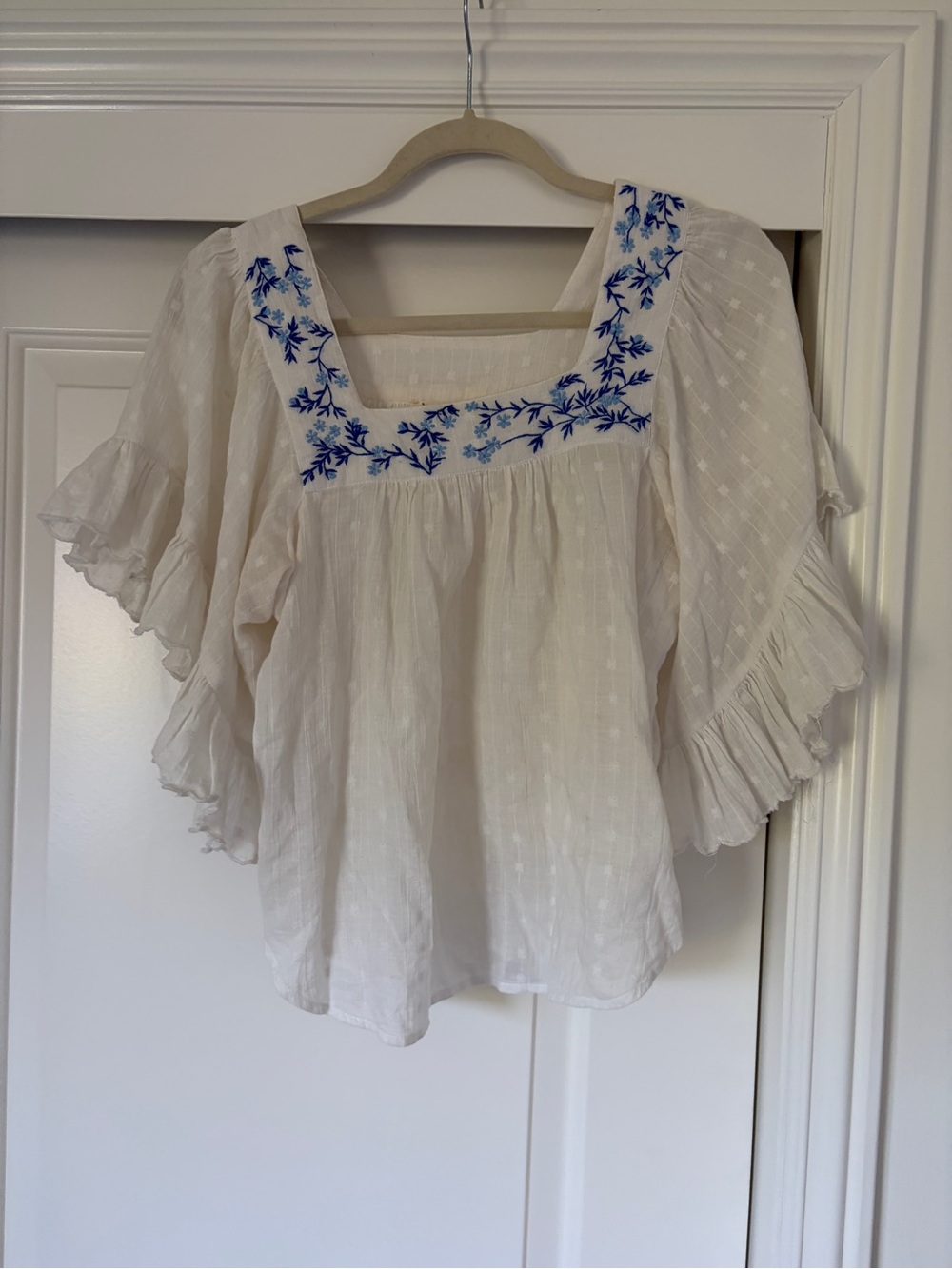 100 percent Cotton Embroidered White Peasant Top with Blue Floral Detail
